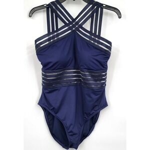 NWOT Kenneth Cole Stompin' My Stilettos High Neck One Piece Swimsuit Blue Large
